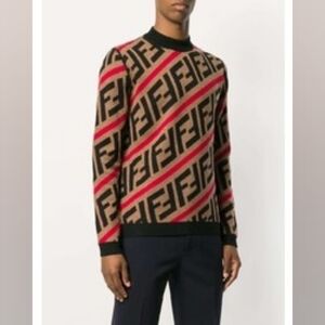Fendi FF Logo Diagonal Stripe Wool Sweater Brown Red IT 48